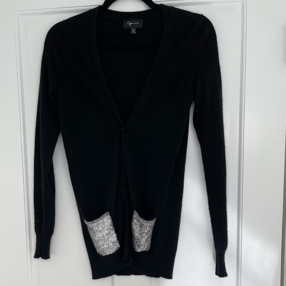 Aqua Black Cashmere Cardigan w/ Sequined Pockets (Great for the Holidays)